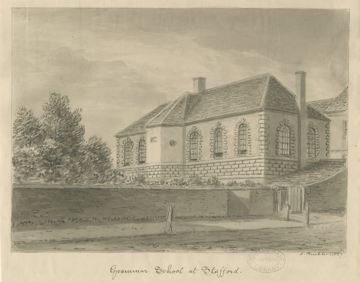 Stafford - Gramer Okulu: sepya çizimi, 1837 by John Buckler