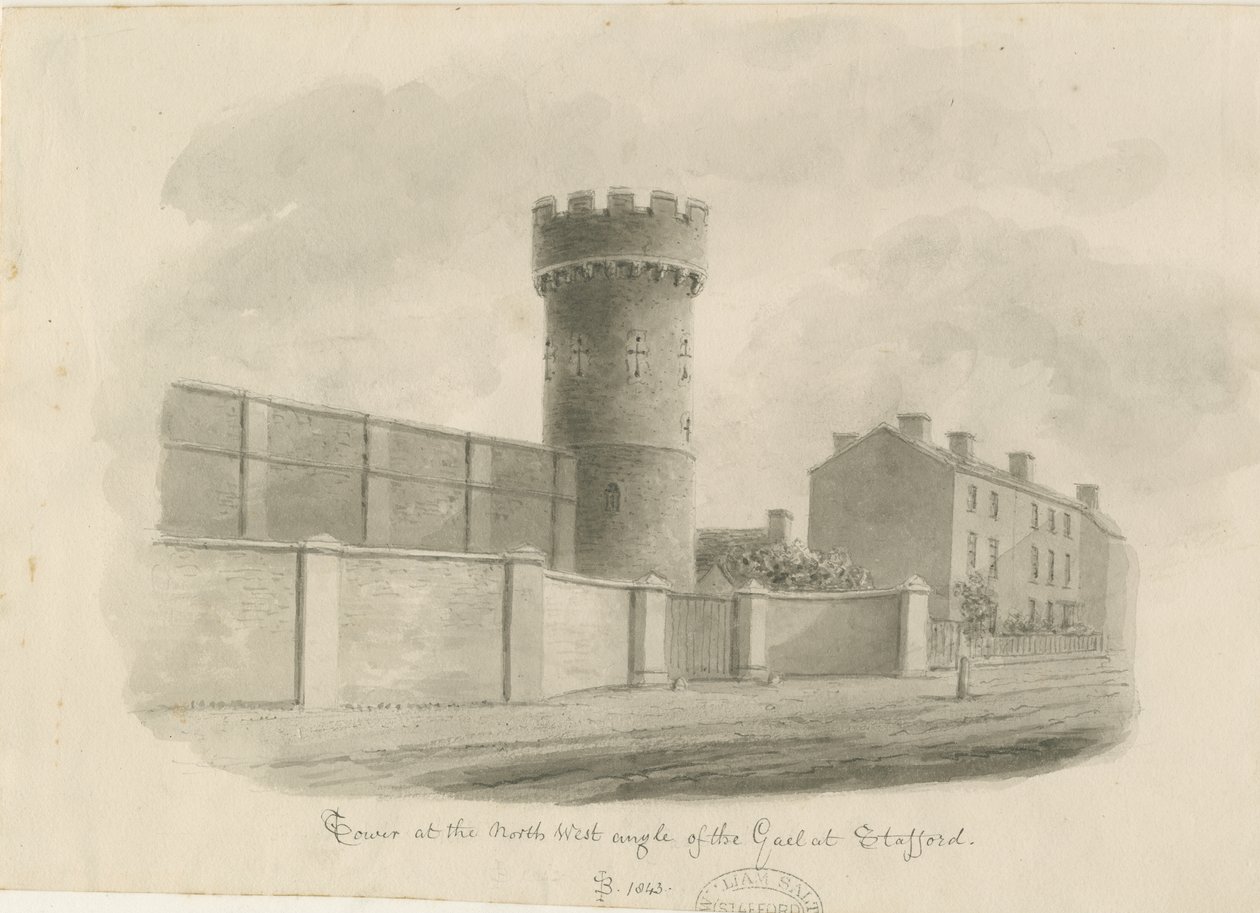 Stafford - Gaol Yuvarlak Kulesi: sepya çizimi, 1843 by John Buckler