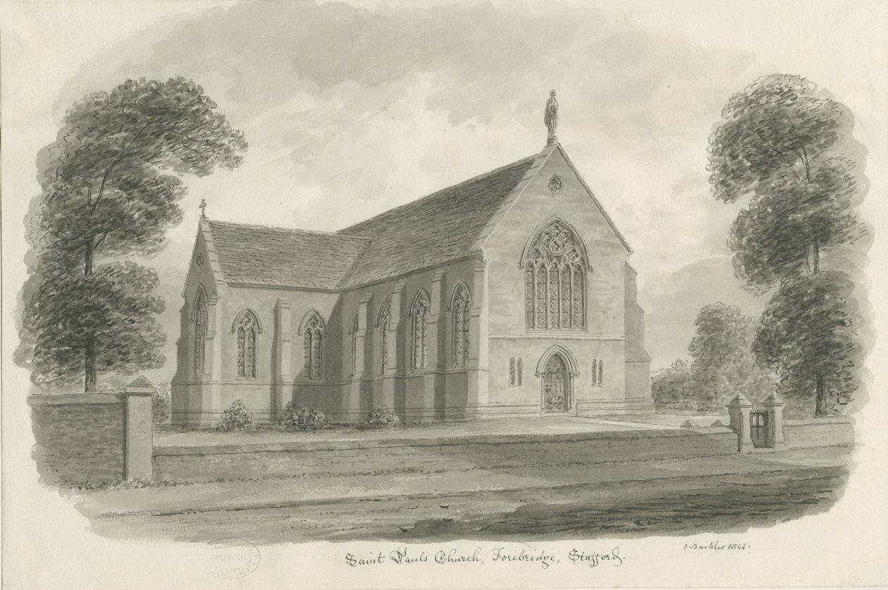 Stafford - St. Paul Kilisesi, Forebridge: sepya yıkama çizimi, 1844 by John Buckler