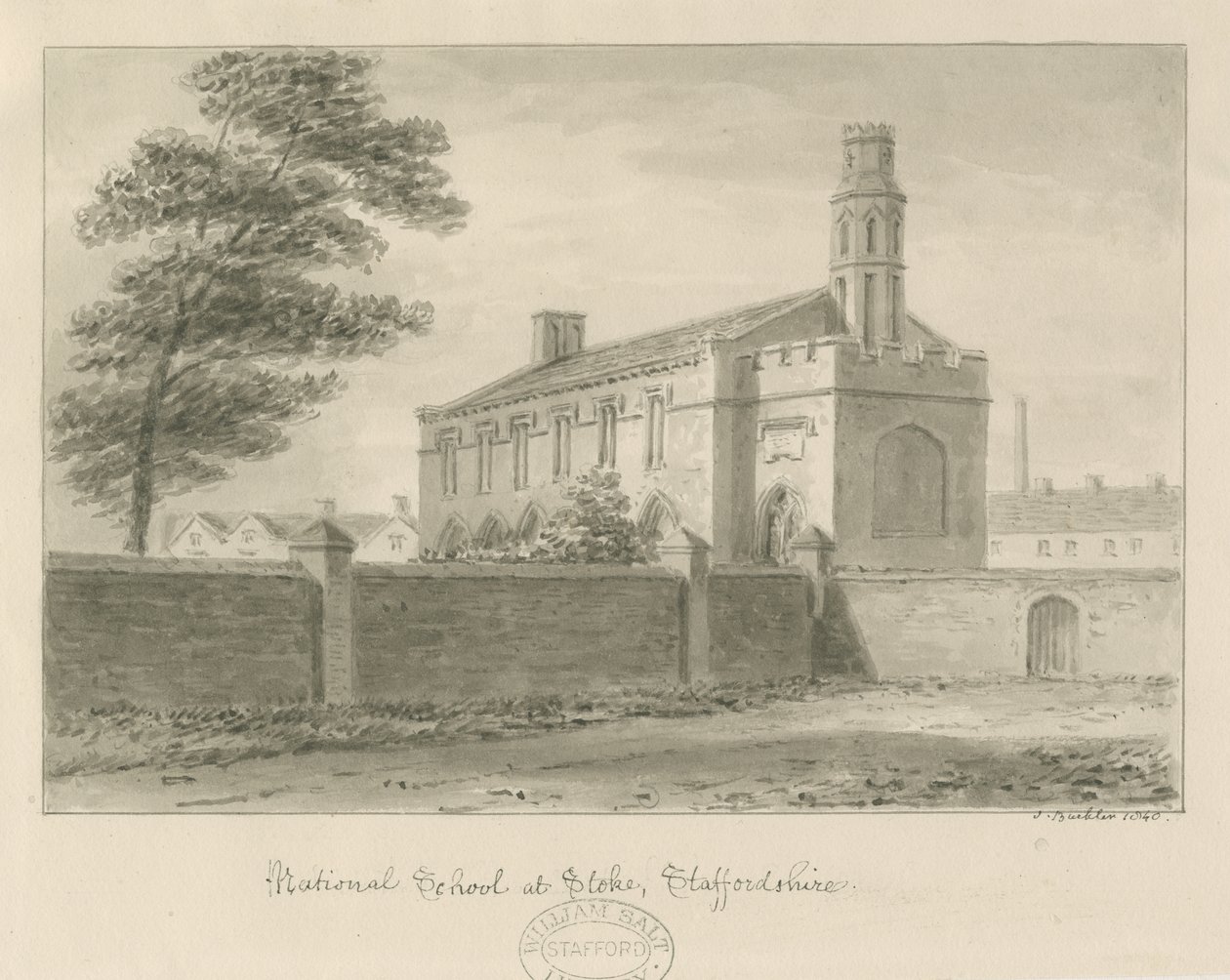 Stoke-upon-Trent - Ulusal Okul: sepya çizimi, 1840 by John Buckler