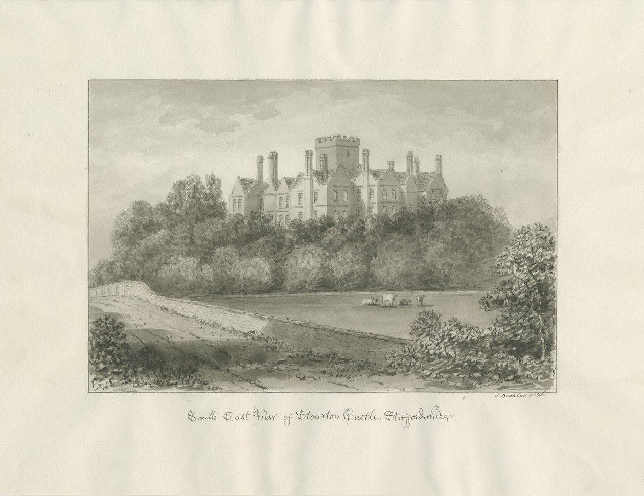 Stourton Kalesi: sepya yıkama çizimi, 1846 by John Buckler