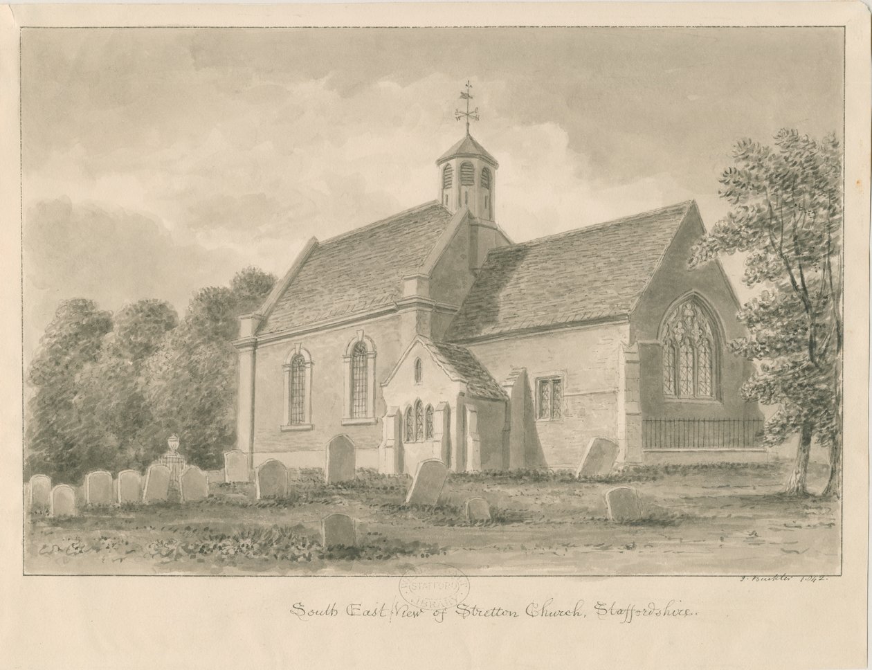 Stretton Kilisesi: sepya çizimi, 1842 by John Buckler