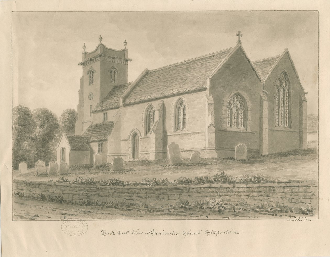 Swynnerton Kilisesi: sepya çizimi, 1841 by John Buckler