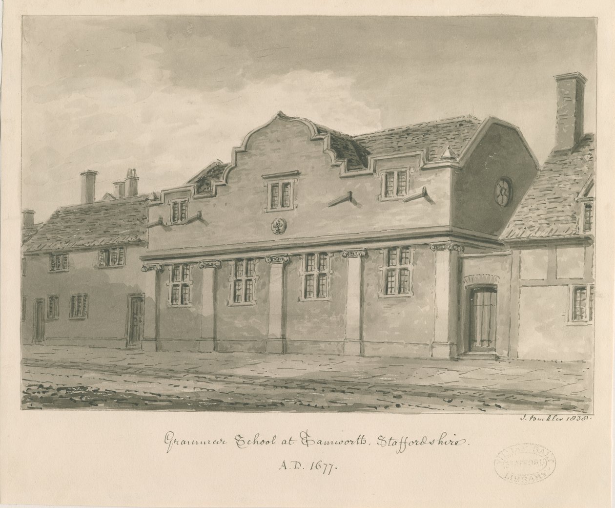 Tamworth - Gramer Okulu: sepya çizimi, 1838 by John Buckler