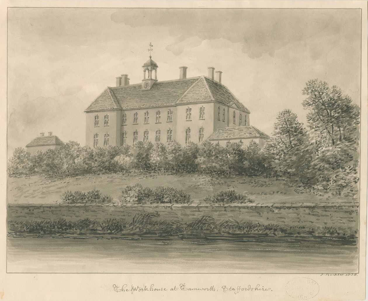 Tamworth - The Workhouse: sepya çizimi, 1838 by John Buckler