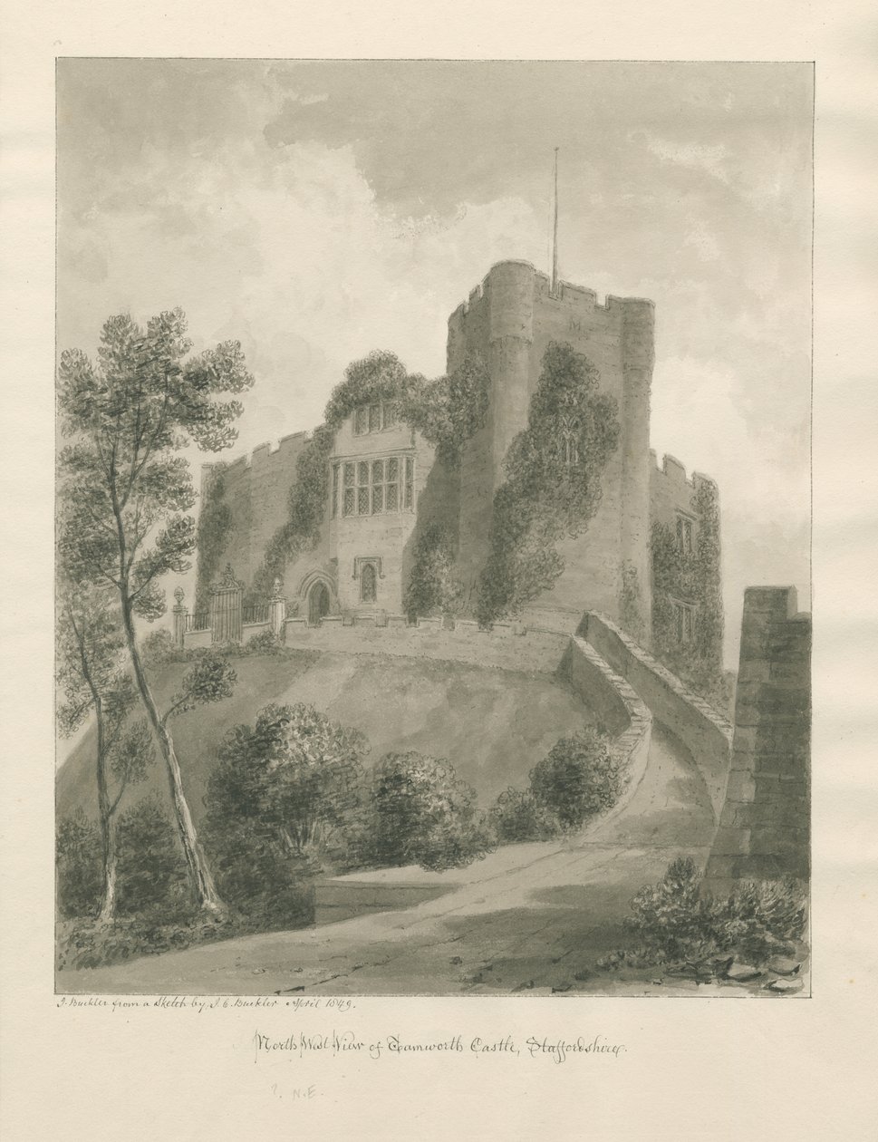 Tamworth Kalesi: sepya çizimi, Nisan 1849 (çizim) by John Buckler