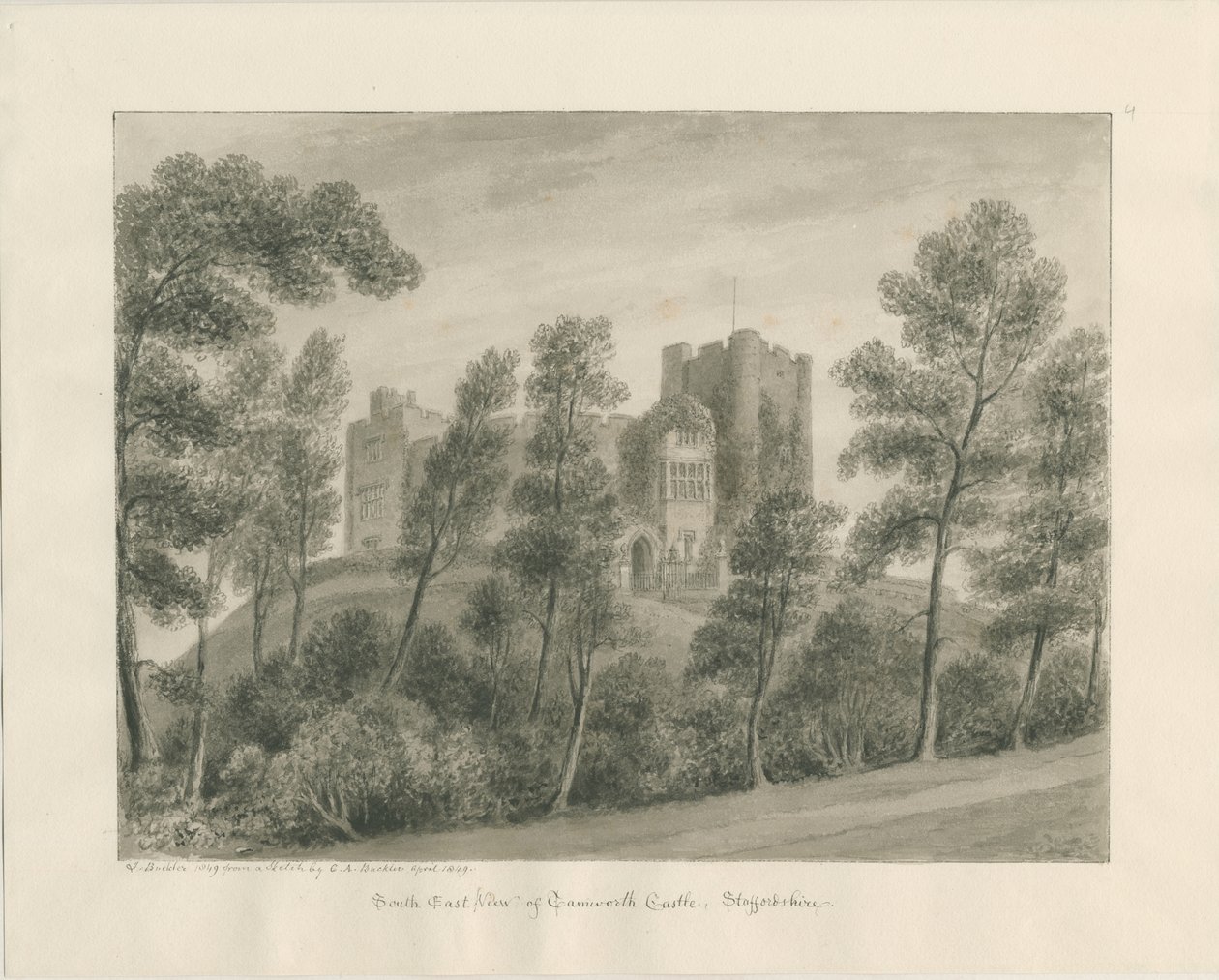 Tamworth Kalesi: sepya çizimi, Nisan 1849 (çizim) by John Buckler