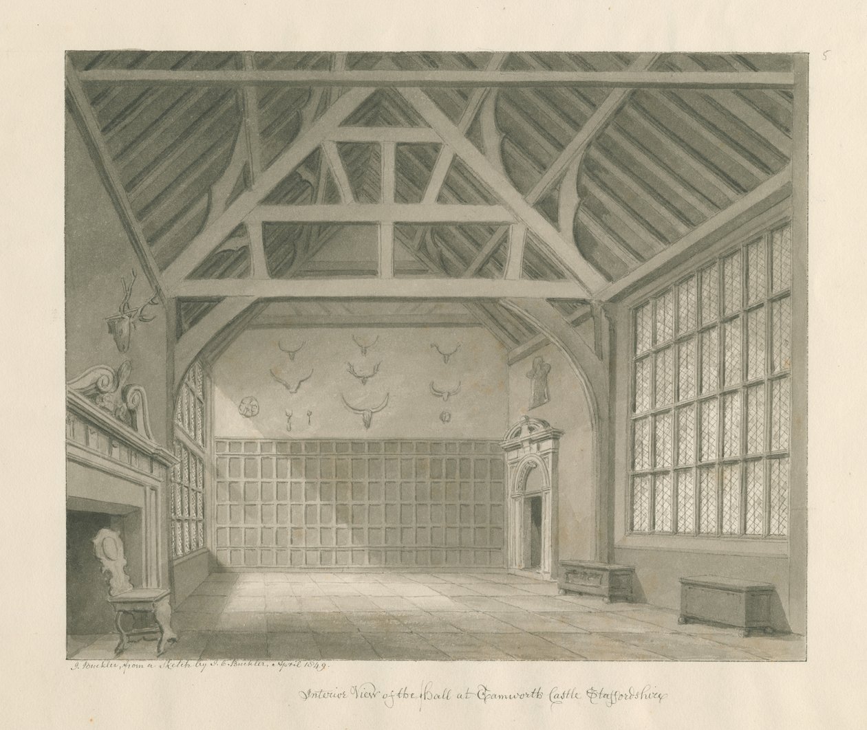 Tamworth Kalesi: sepya çizimi, Nisan 1849 (çizim) by John Buckler