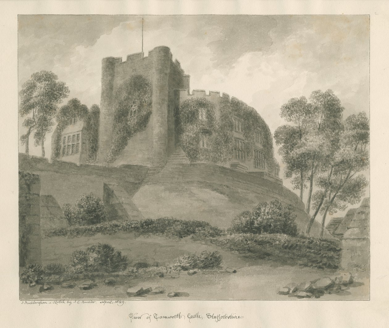 Tamworth Kalesi: sepya çizimi, Nisan 1849 by John Buckler