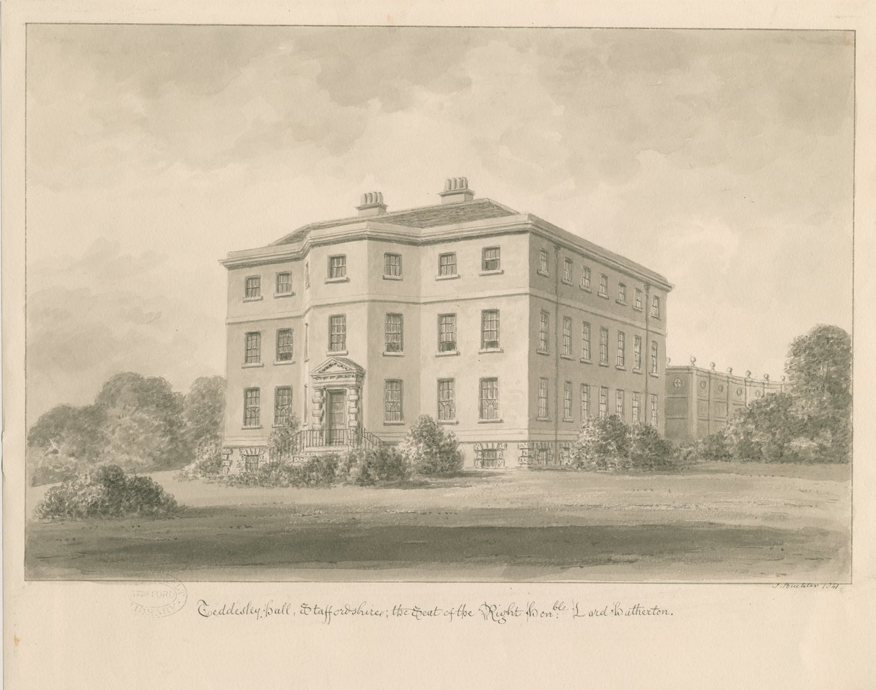 Teddesley Hall: sepya yıkama çizimi, 1841 by John Buckler