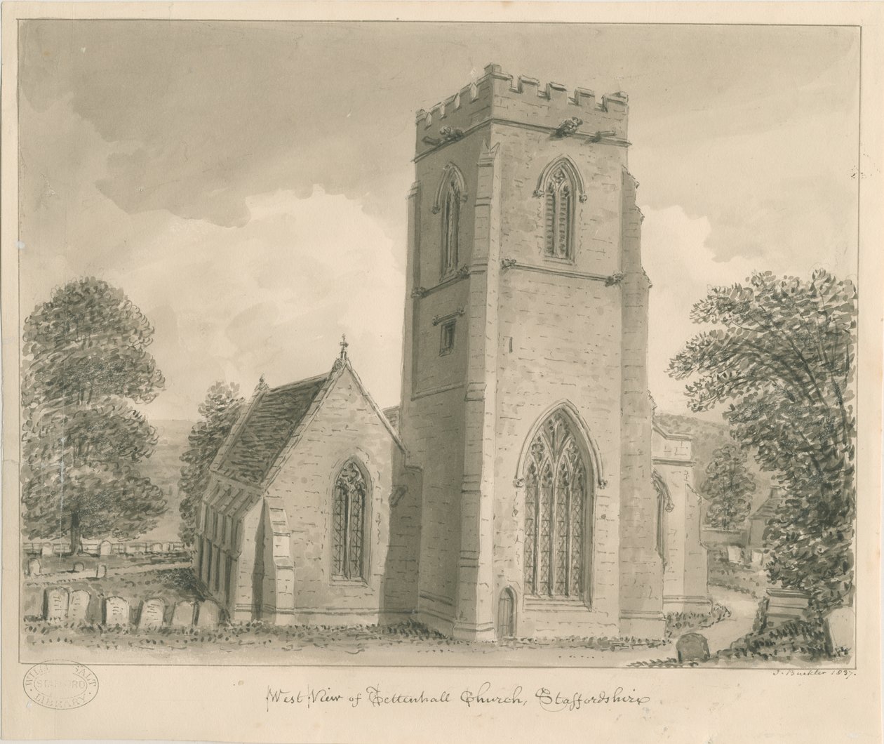 Tettenhall Kilisesi: sepya yıkama çizimi, 1837 by John Buckler