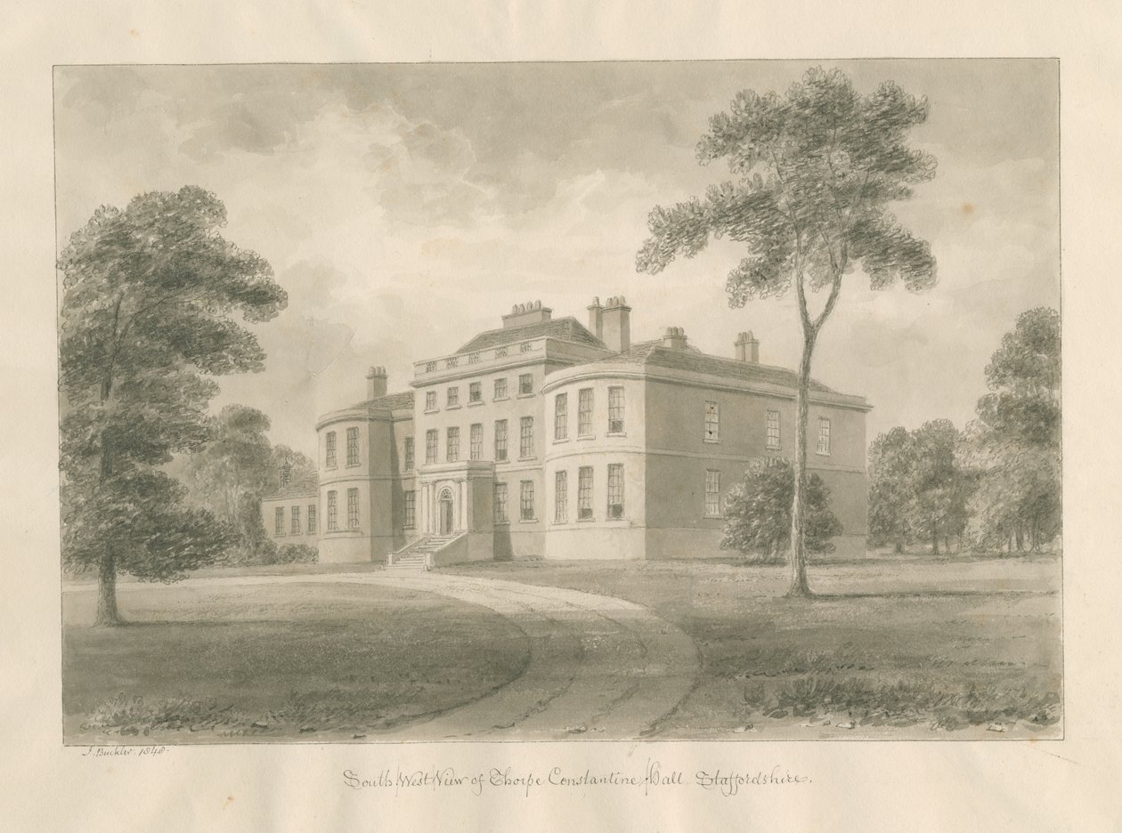 Thorpe Constantine Hall: sepya yıkama çizimi, 1848 by John Buckler