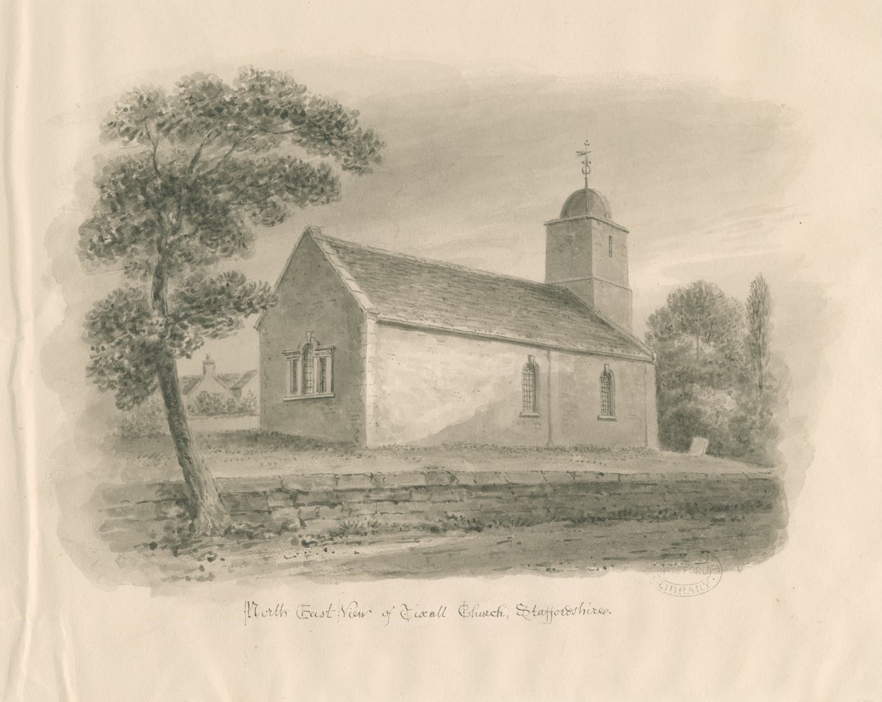Tixall Kilisesi: sepya yıkama çizimi, nd [?1841] by John Buckler