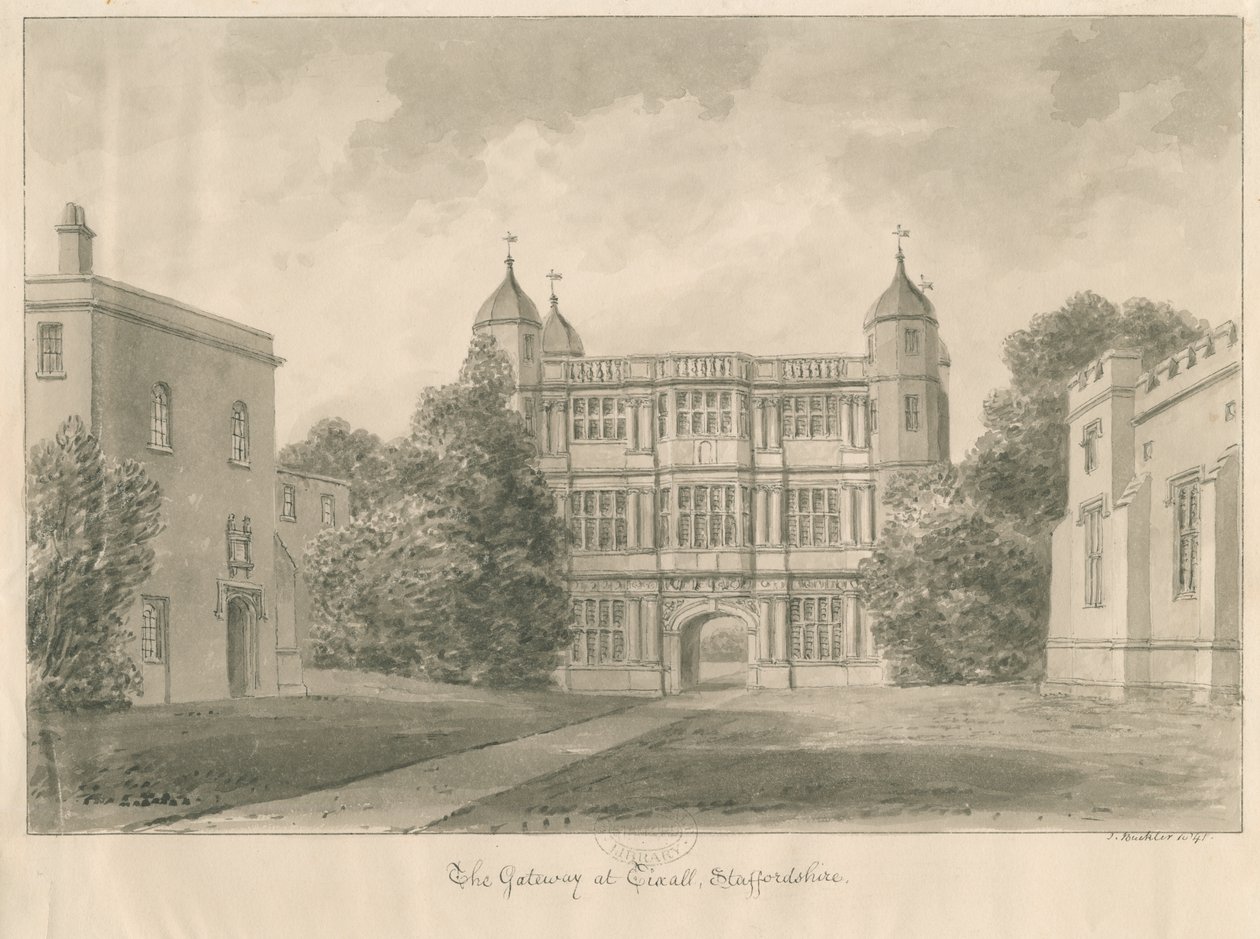 Tixall Hall ve Gatehouse: sepya çizimi, 1841 by John Buckler