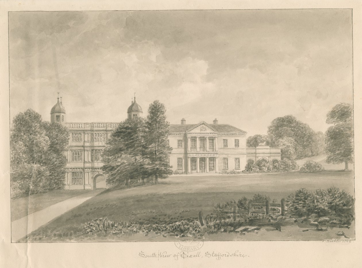 Tixall Hall ve Gatehouse: sepya yıkama çizimi, 1842 by John Buckler