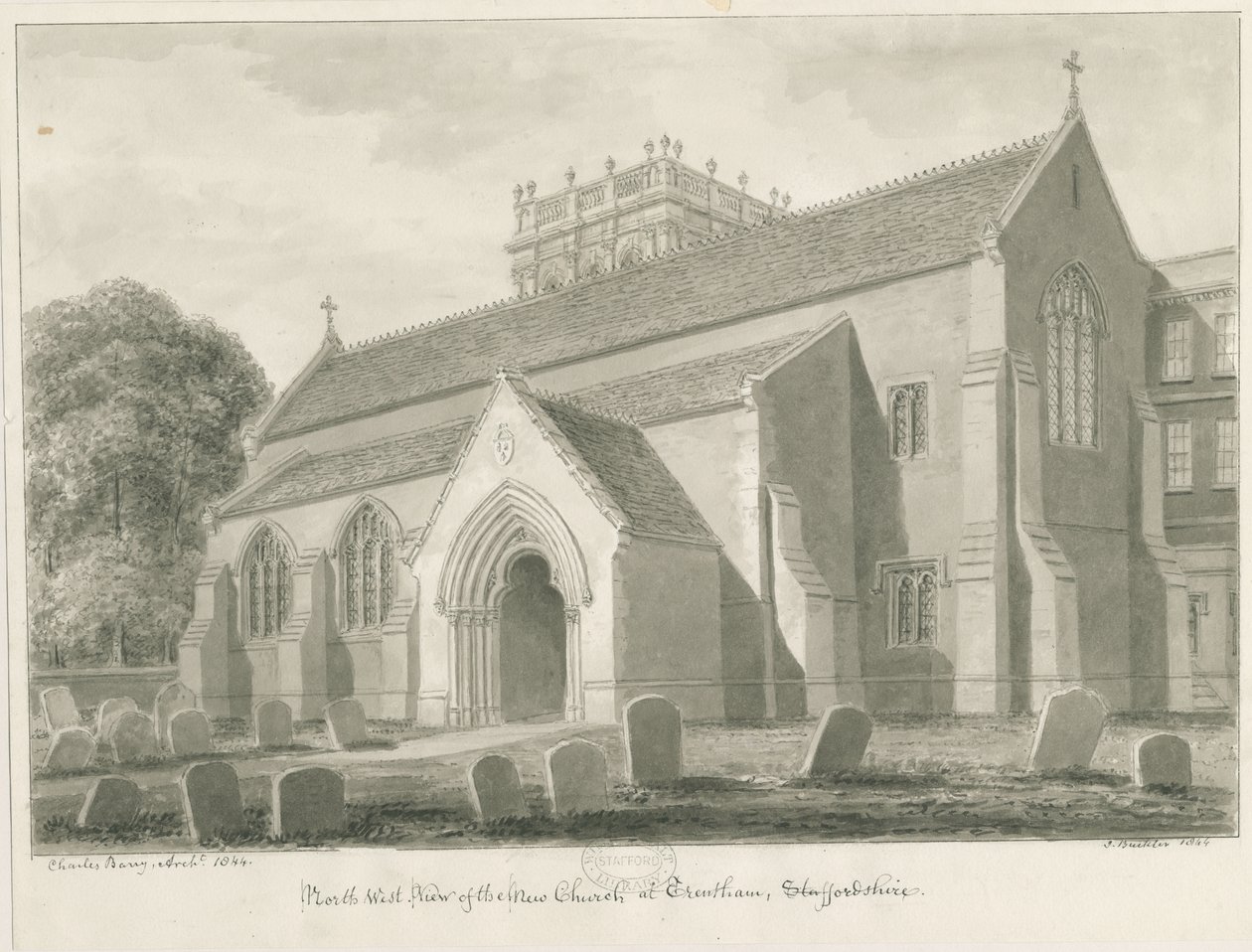 Trentham - Yeni Kilise: sepya çizimi, 1844 by John Buckler