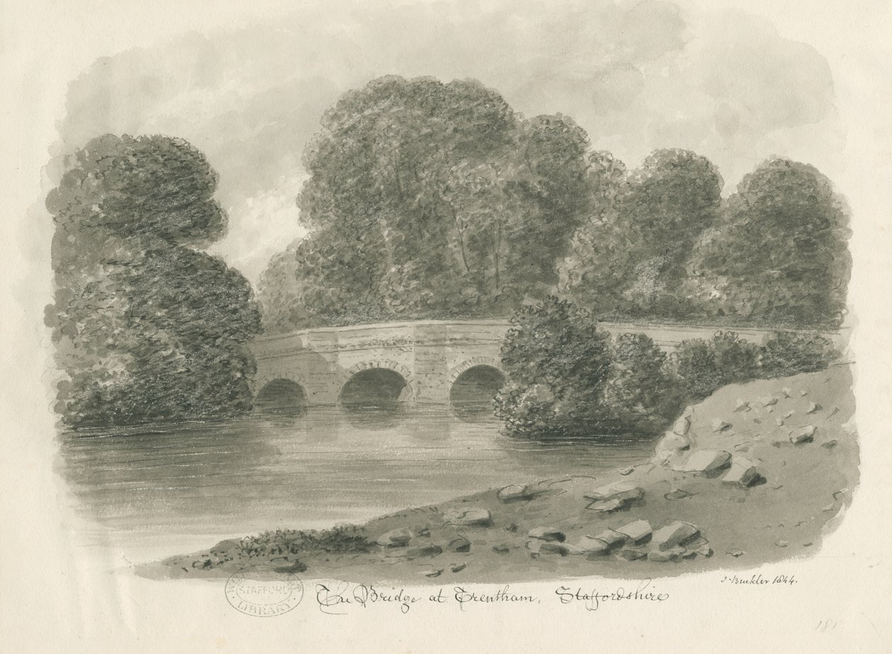 Trentham Hall - Köprü: sepya yıkama çizimi, 1844 by John Buckler