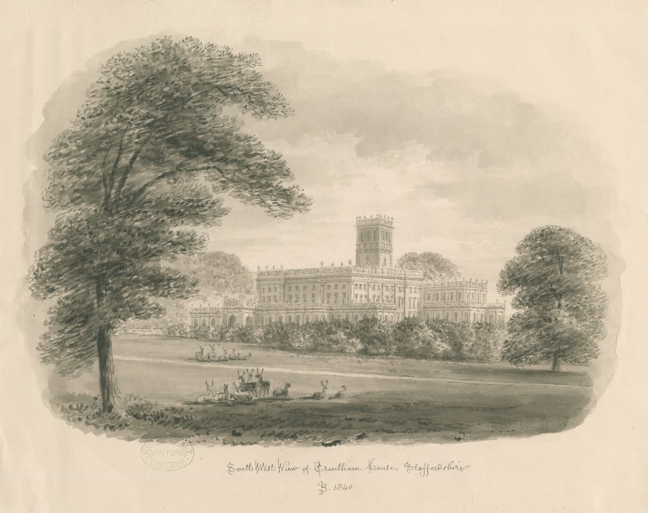Trentham Hall: sepya çizimi, 1840 by John Buckler