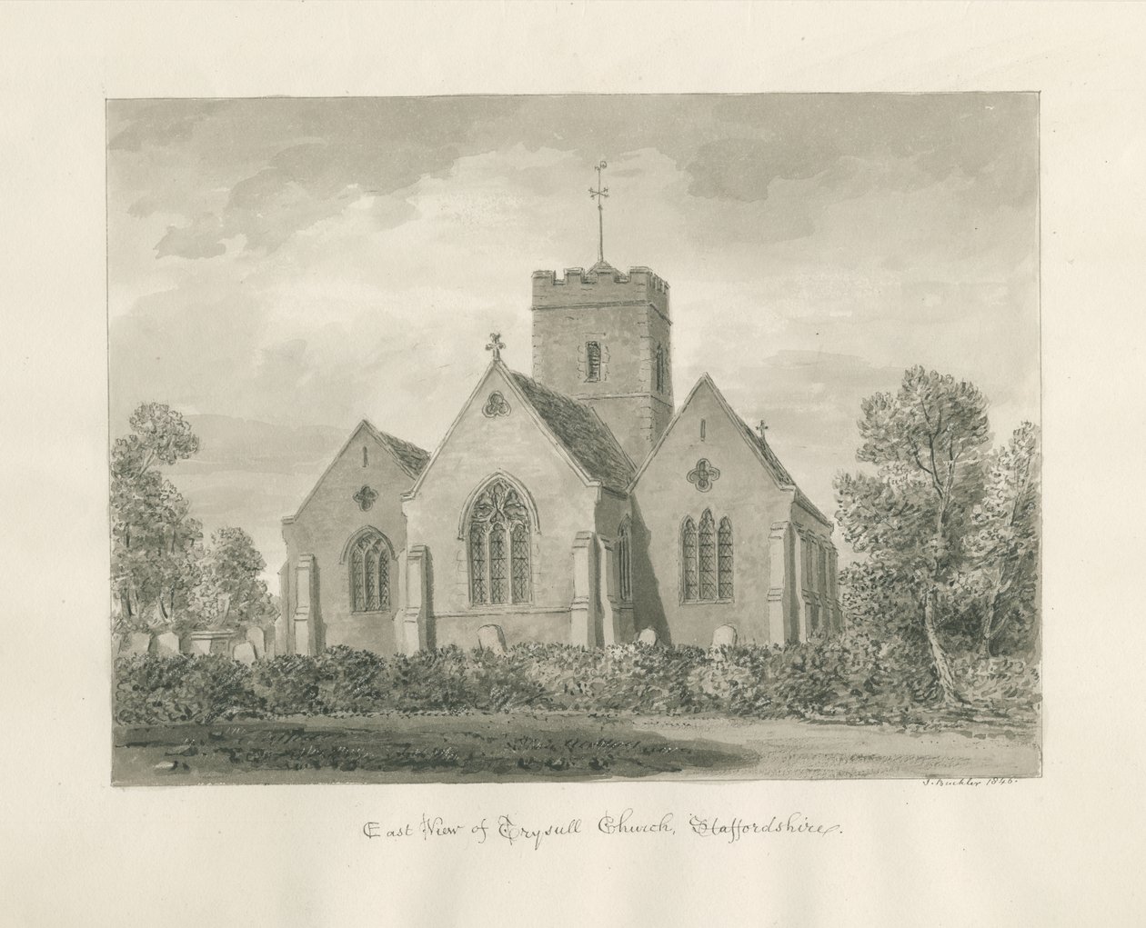 Trysull Kilisesi: sepya yıkama çizimi, 1846 by John Buckler