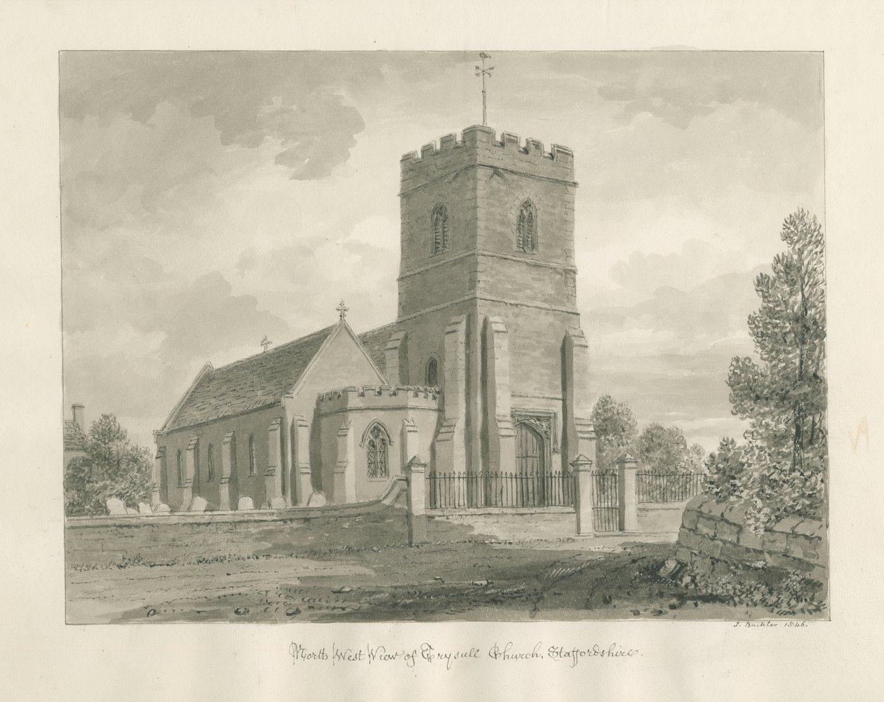 Trysull Kilisesi: sepya yıkama çizimi, 1846 by John Buckler