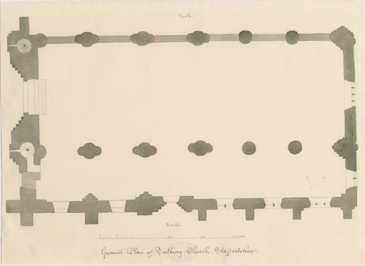 Tutbury Manastırı Kilisesi - Plan: kurşun kalem ve sepya çizimi, nd [?1812] (çizim) by John Buckler