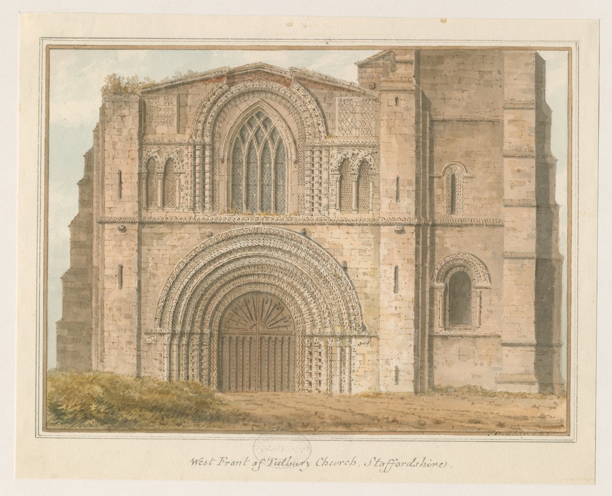 Tutbury Manastırı Kilisesi - Batı Cephesi: sulu boya, 1813 by John Buckler