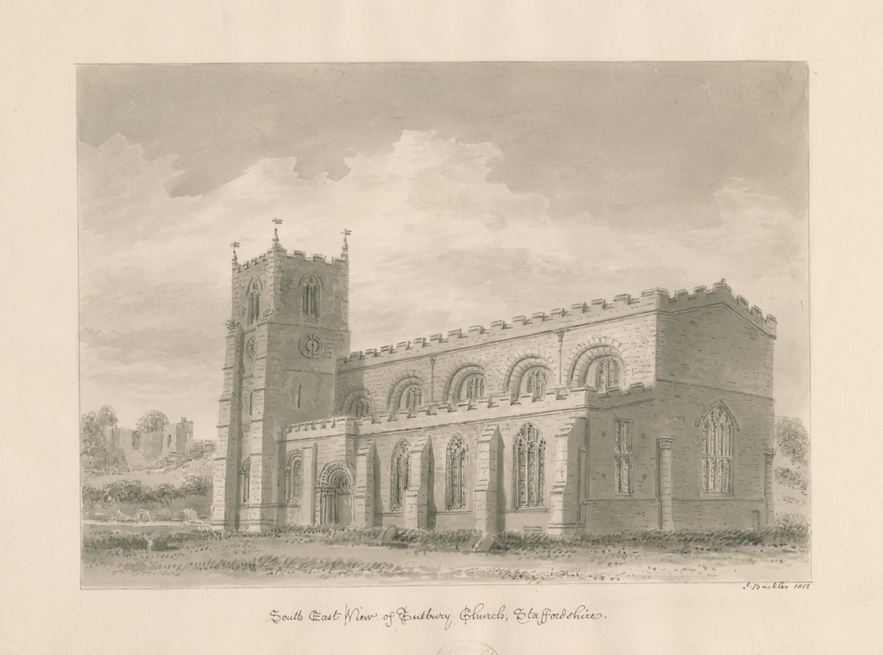 Tutbury Manastırı Kilisesi: sepya yıkama çizimi, 1812 by John Buckler