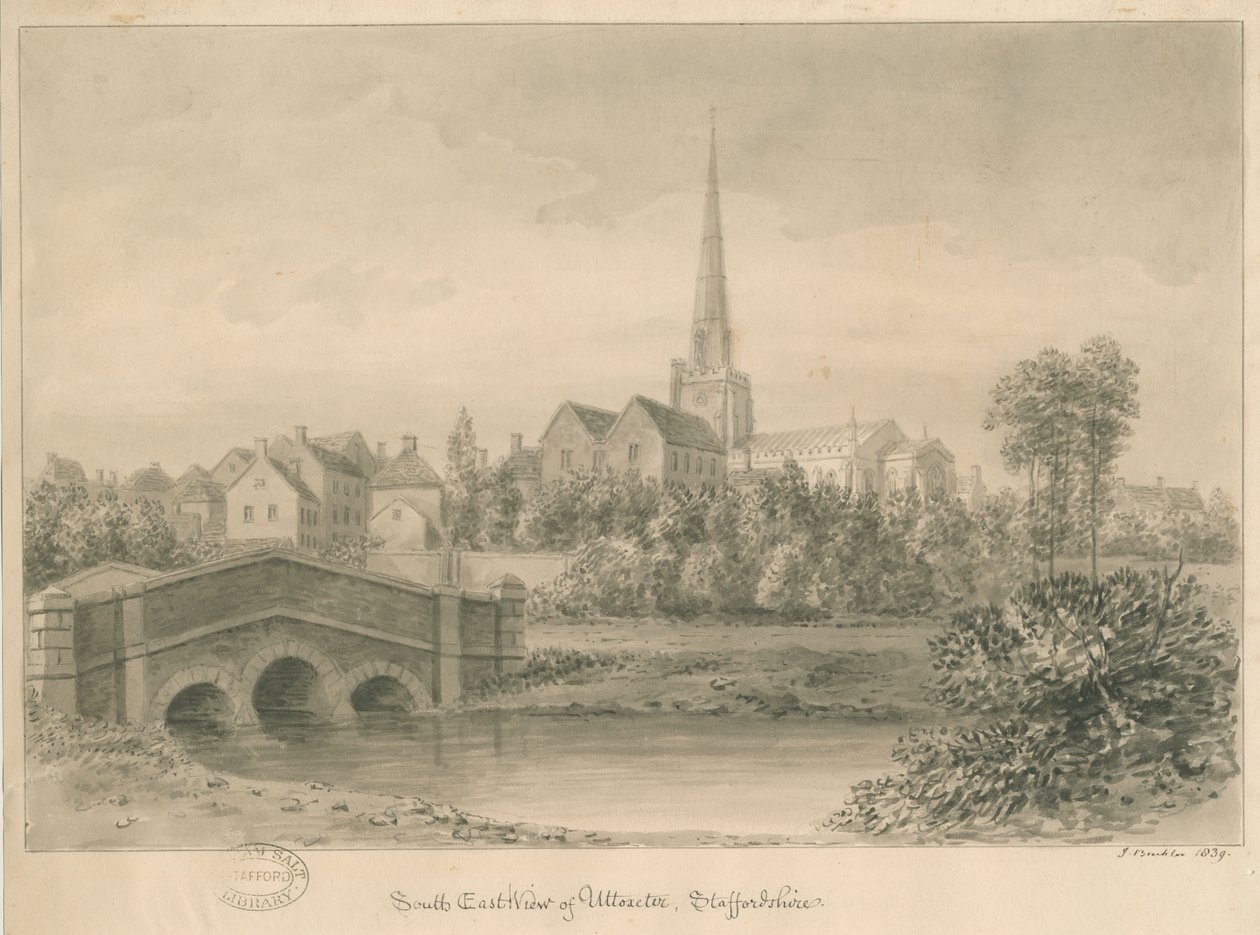Uttoxeter Kasabası: sepya yıkama çizimi, 1839 by John Buckler
