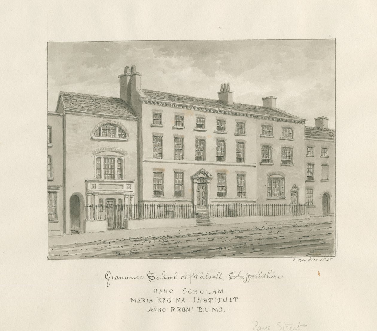 Walsall Town - Gramer Okulu: sepya yıkama çizimi, 1845 by John Buckler