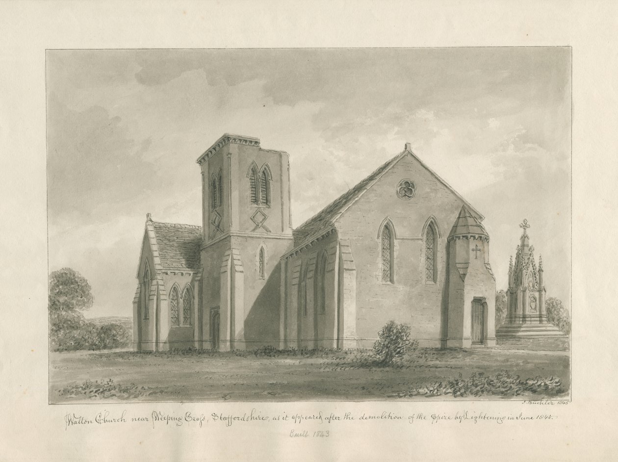 Walton-on-the-Hill Kilisesi: sepya yıkama çizimi, 1844 by John Buckler