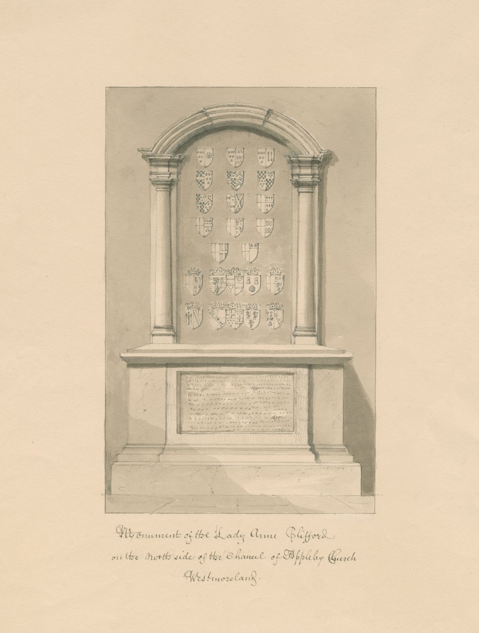 Westmorland - Appleby Kilisesi - Lady Anne Clifford Anıtı: sepya çizimi, 1800 by John Buckler