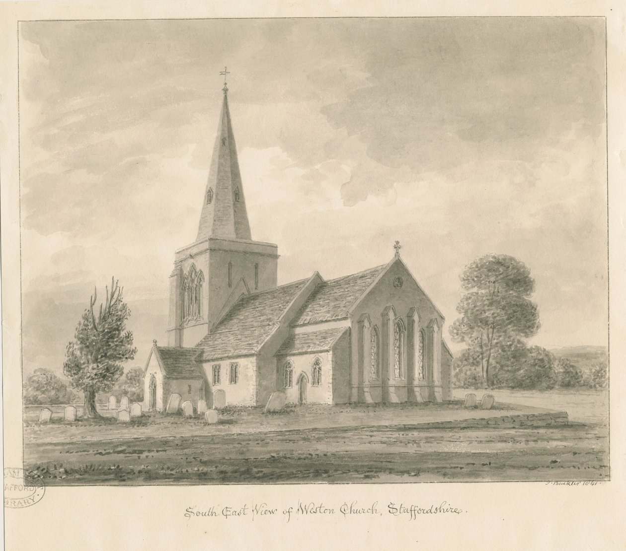 Weston-on-Trent Kilisesi: sepya çizimi, 1841 by John Buckler
