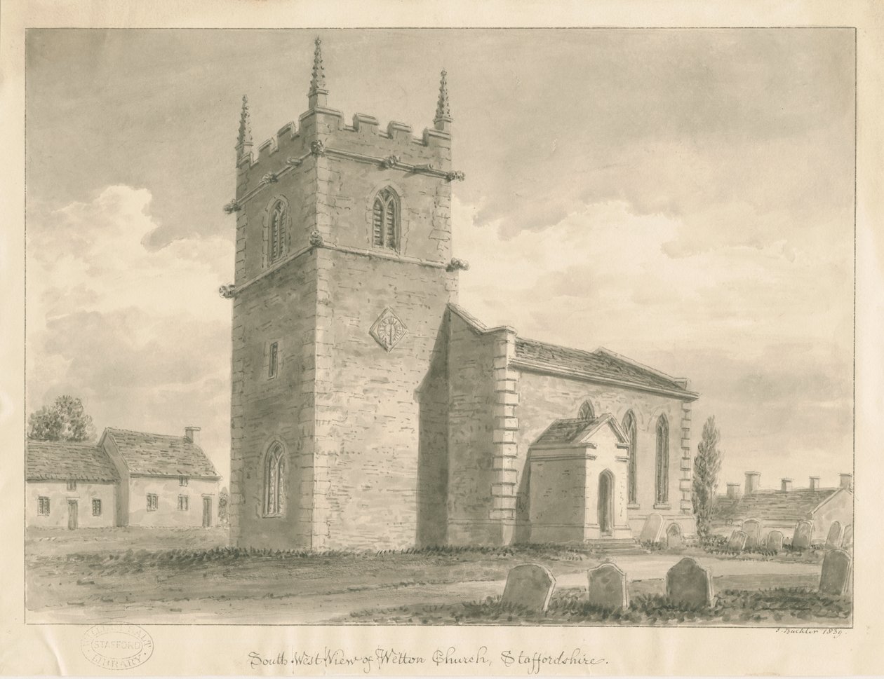 Wetton Kilisesi: sepya çizimi, 1839 by John Buckler