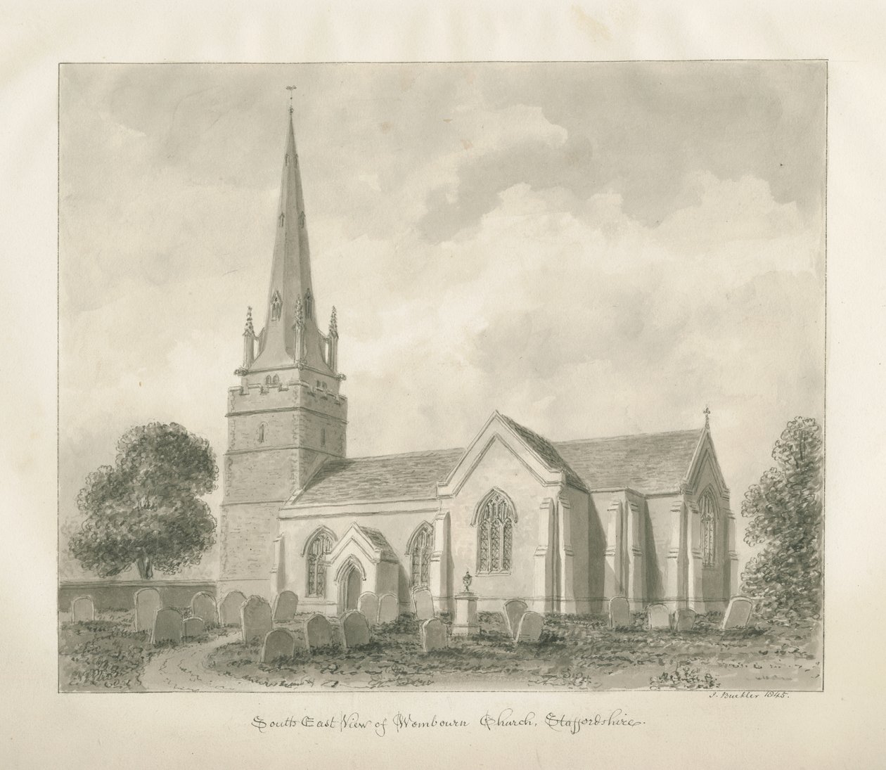 Wombourne Kilisesi: sepya çizimi, 1845 by John Buckler