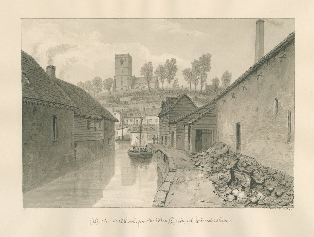 Worcestershire - Droitwich - Dodderhill Kilisesi Uzak Görünüm: sepya çizimi, 1833 by John Buckler