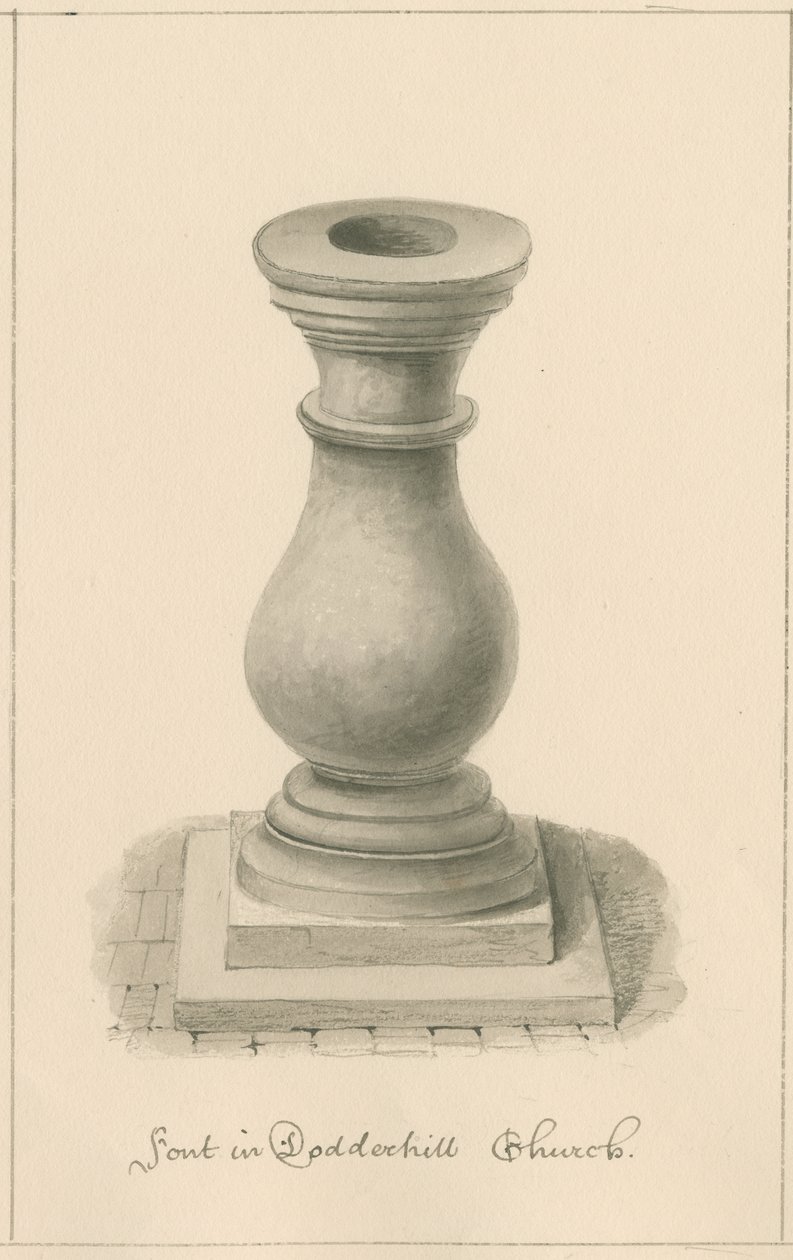 Worcestershire - Droitwich - Dodderhill Kilisesi Yazı Tipi: sepya çizimi, 1833 by John Buckler