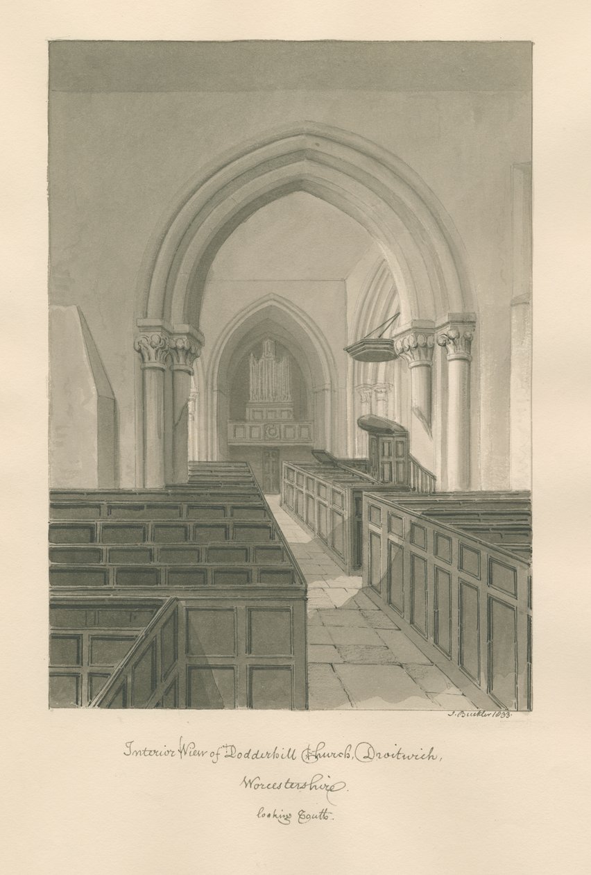 Worcestershire - Droitwich - Dodderhill Kilisesi İçişleri: sepya çizimi by John Buckler