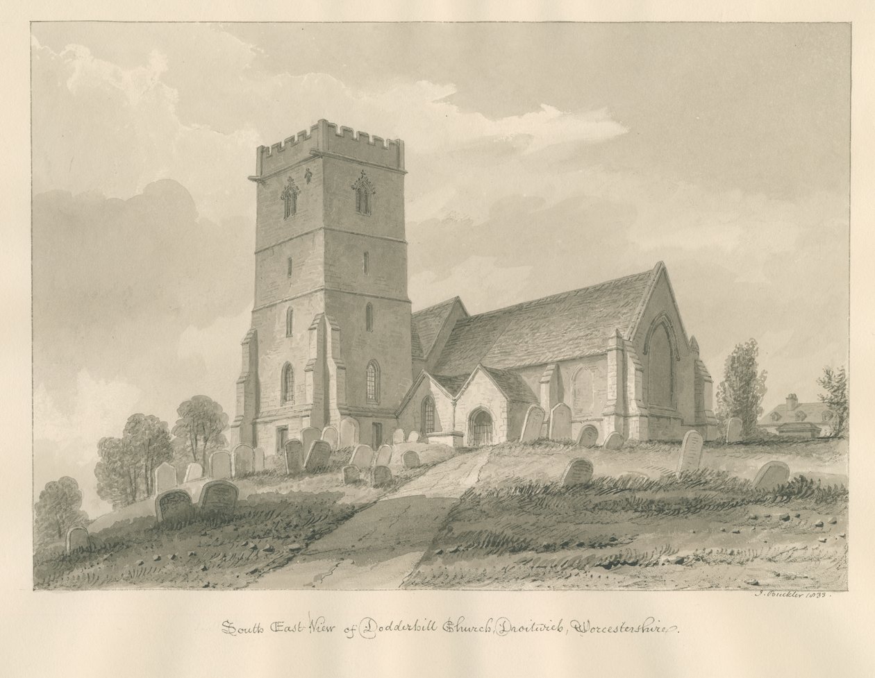 Worcestershire - Droitwich - Dodderhill Kilisesi: sepya çizimi by John Buckler
