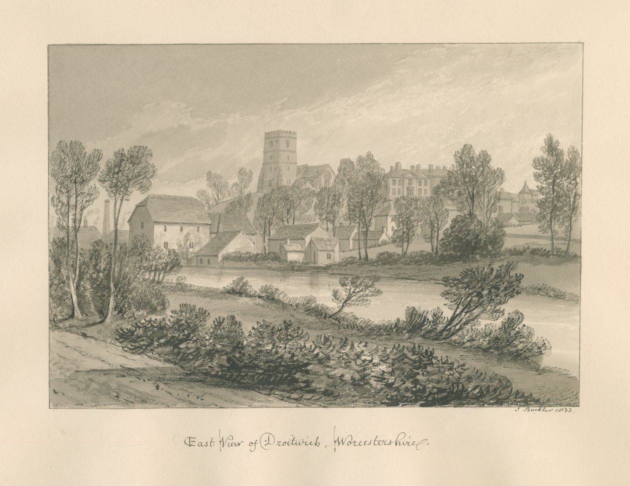 Worcestershire - Droitwich - Kasabanın Doğu Görünümü: sepya çizimi, 1833 by John Buckler