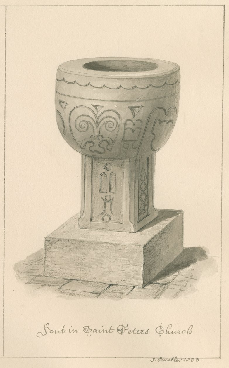 Worcestershire - Droitwich - Aziz Petrus Kilisesi Yazı Tipi: sepya çizimi, 1833 by John Buckler