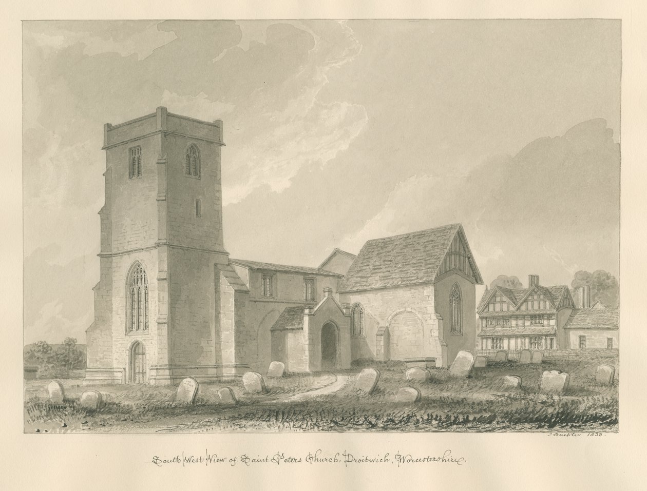 Worcestershire - Droitwich - Aziz Petrus Kilisesi: sepya çizimi, 1833 by John Buckler
