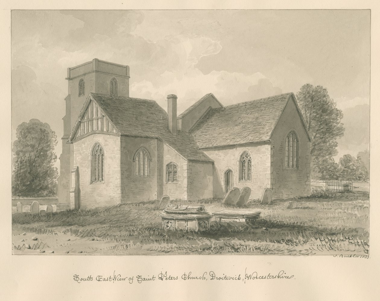 Worcestershire - Droitwich - Aziz Petrus Kilisesi: sepya çizimi, 1833 by John Buckler