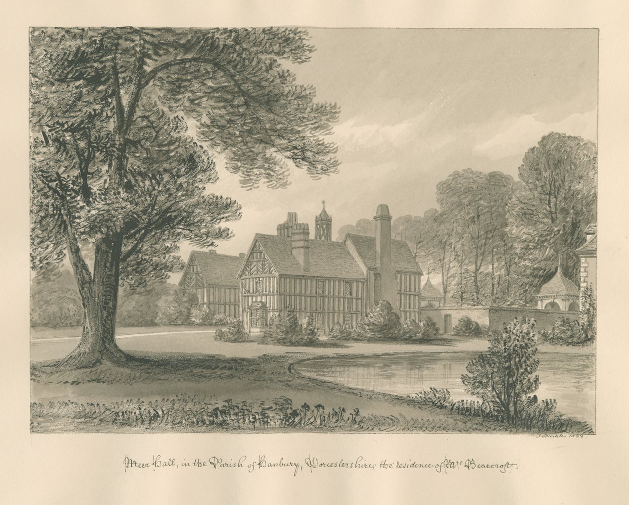 Worcestershire - Hanbury - Meer Hall: sepya çizimi by John Buckler