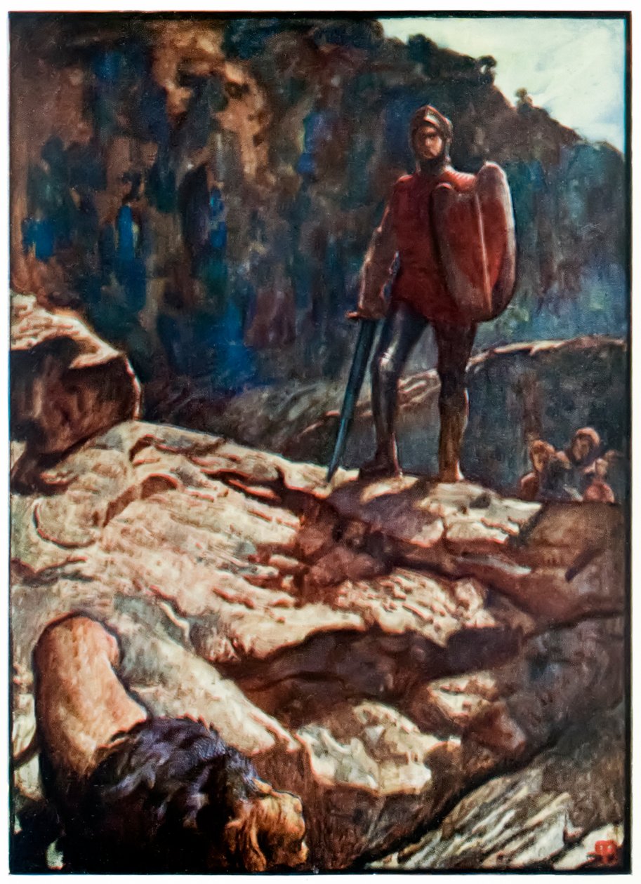 John Bunyan'ın "Hacı'nın Bu Dünyadan Gelecek Olanlara" İlerleyişinden "Yürekli Aslan Aslanı Geri Sürüyor" by John Byam Liston Shaw