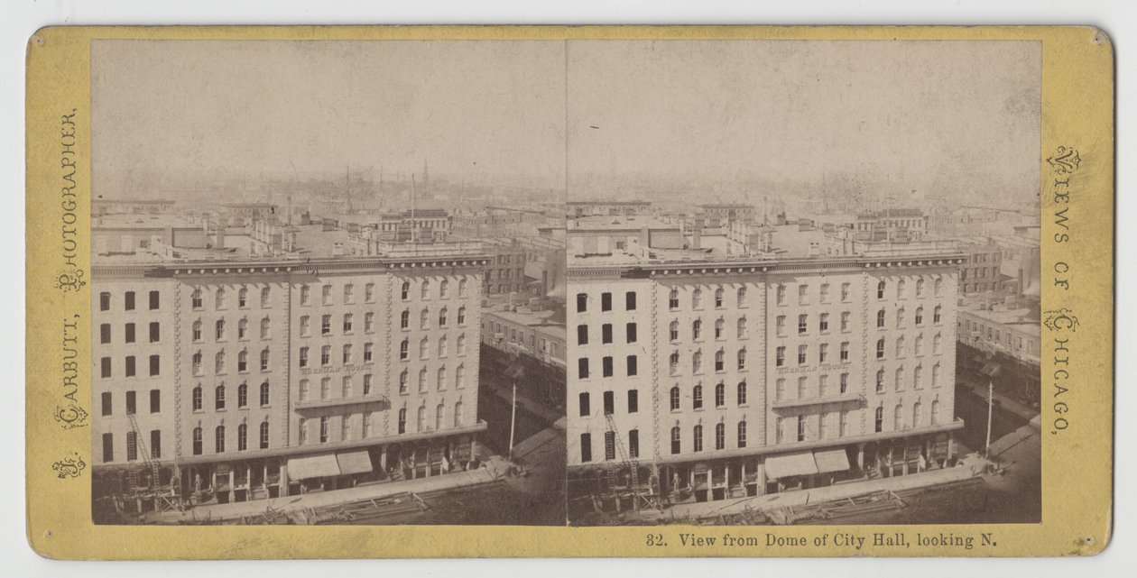 1871 Chicago Yangınından önce, kuzeye bakan Belediye Binası kubbesinden görünümün stereografı by John Carbutt