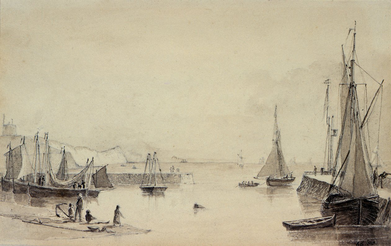 Nakliye ile Folkestone Limanı, Uzaktaki Shakespeares Cliff, 19. yüzyıl by John Carpenter