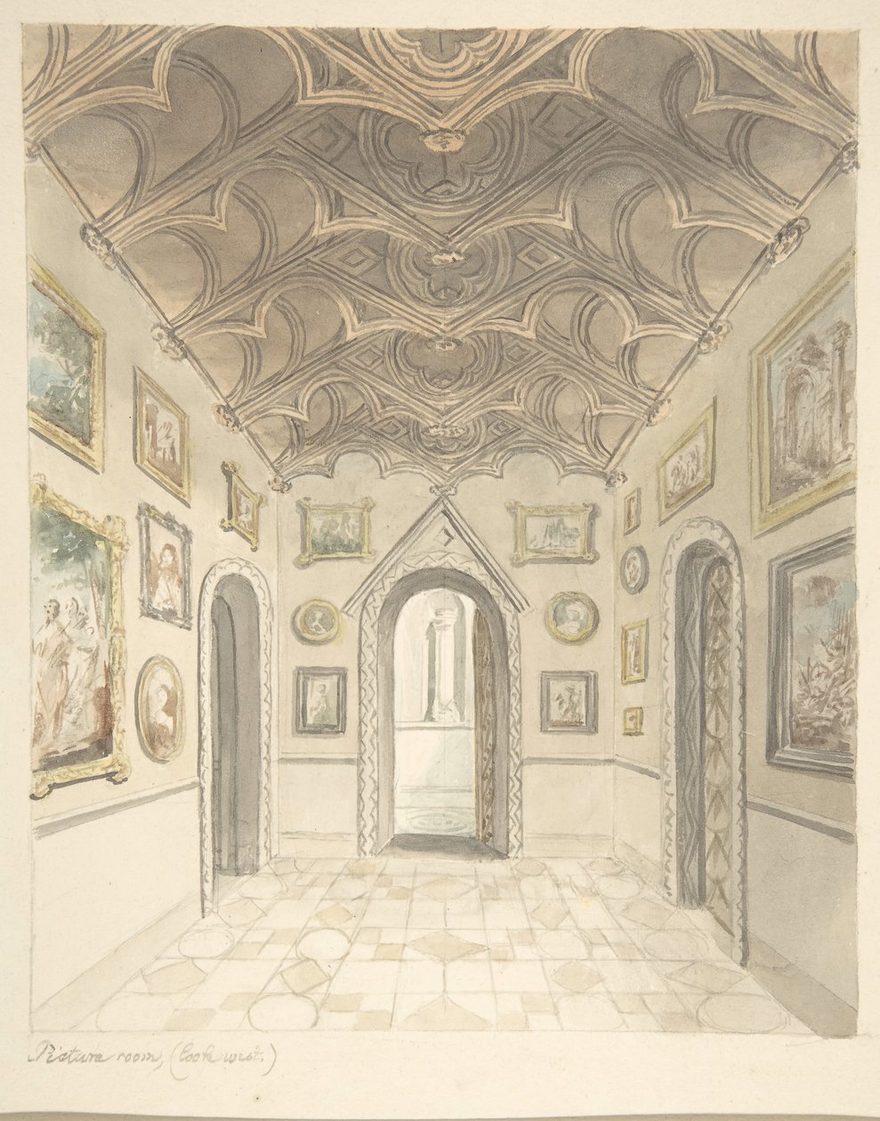 Lea Castle, Worcestershire, Resim Odası, Batıya Bakış, ca. 1816. by John Carter.
