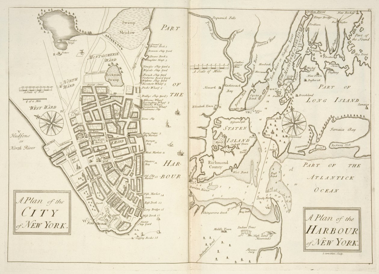 Holkham MS 109 F 41, New York şehir ve limanının planları, c.1740 (gravür) by John Carwitham