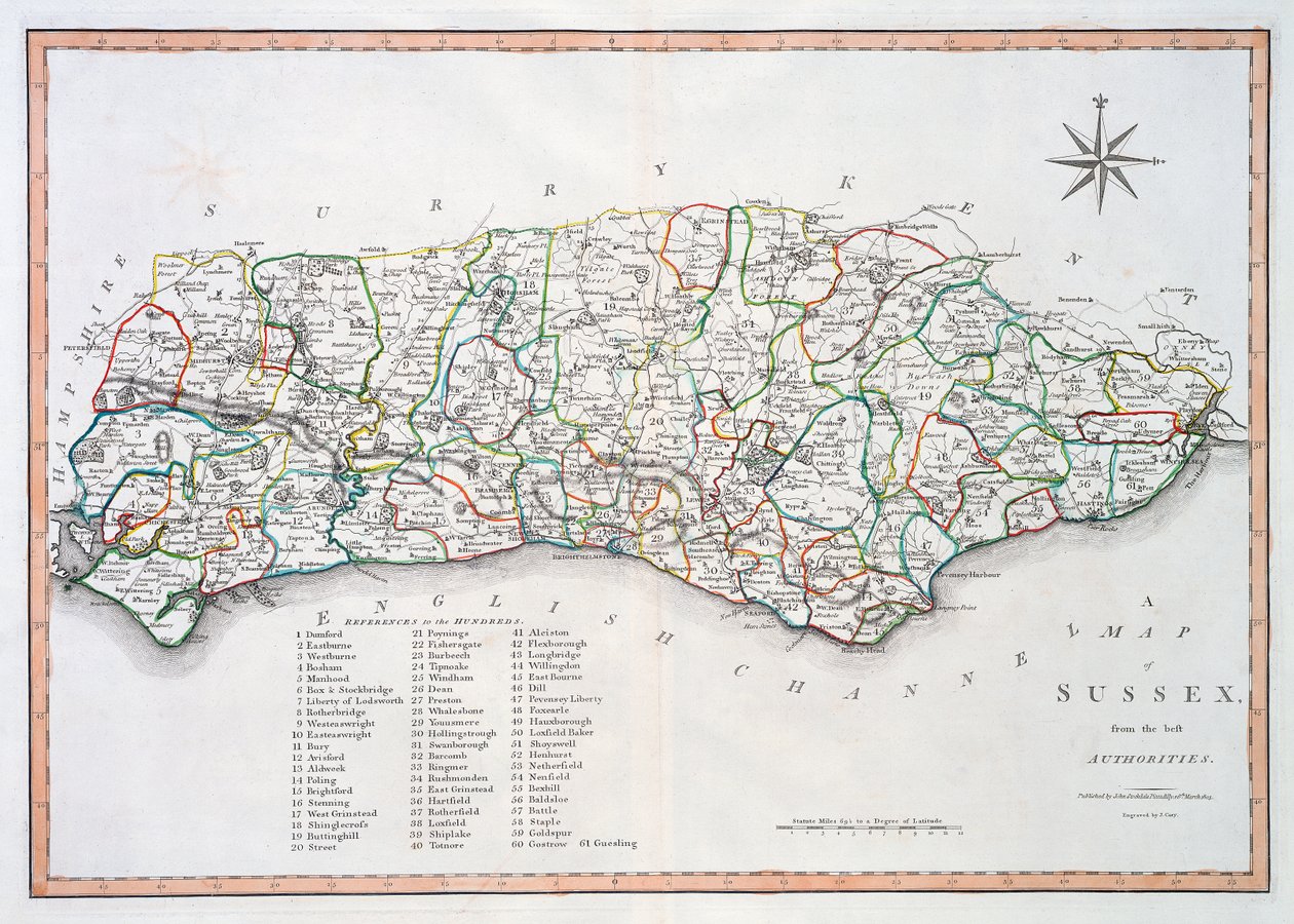 Sussex haritası, 26 Mart 1805 (el renkli gravür) by John Cary