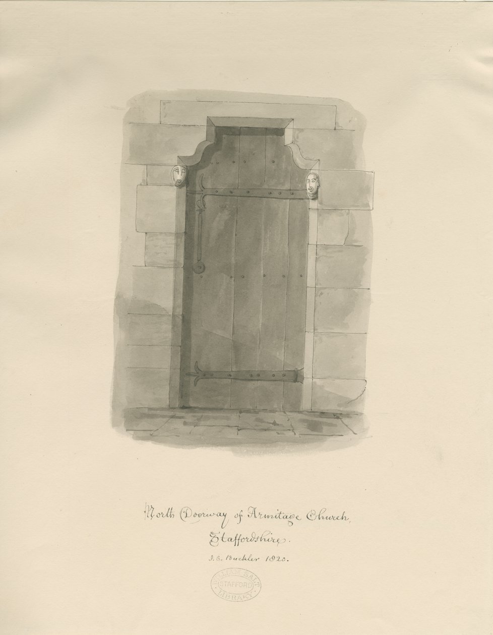 Armitage Kilisesi - Kuzey Kapısı: sepya çizimi by John Chessell Buckler